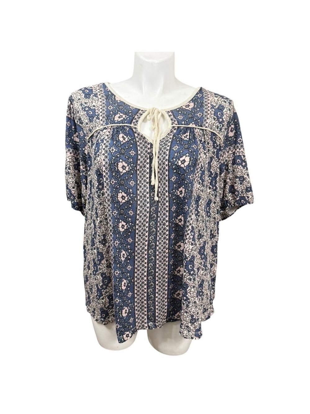 Lucky Brand Boho Floral Top 3X Blue Cream Short Sleeve